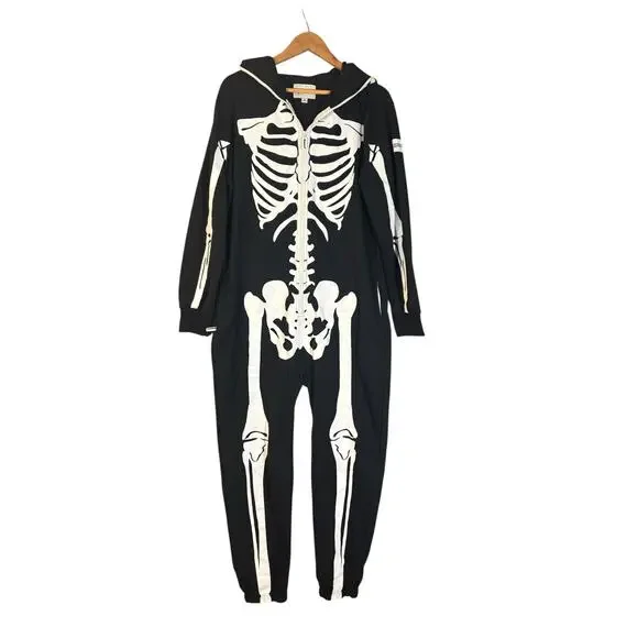 Tipsy Elves Men's Skeleton Hooded Onesie Large Costume Full Zip Pajamas Fleece - Picture 4 of 11